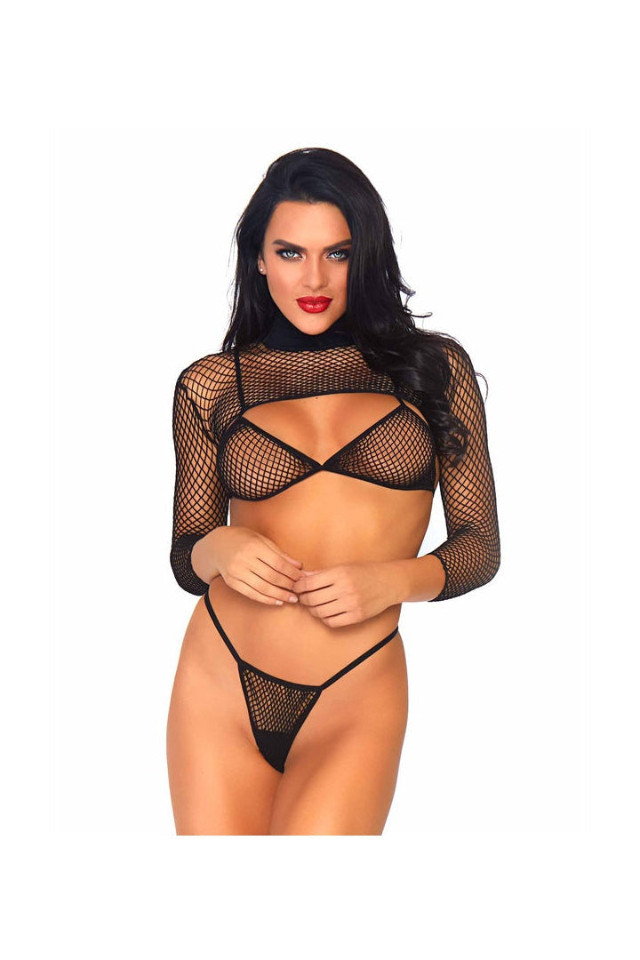 Leg Avenue Deep Cut Fishnet Bikini Set Black in One Size 