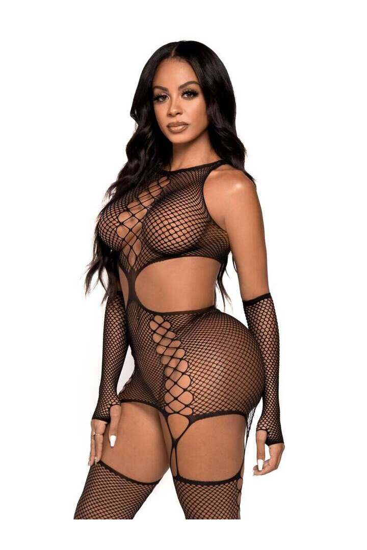 Leg Avenue Do It To It Net Cami Garter Set Black in One Size 2