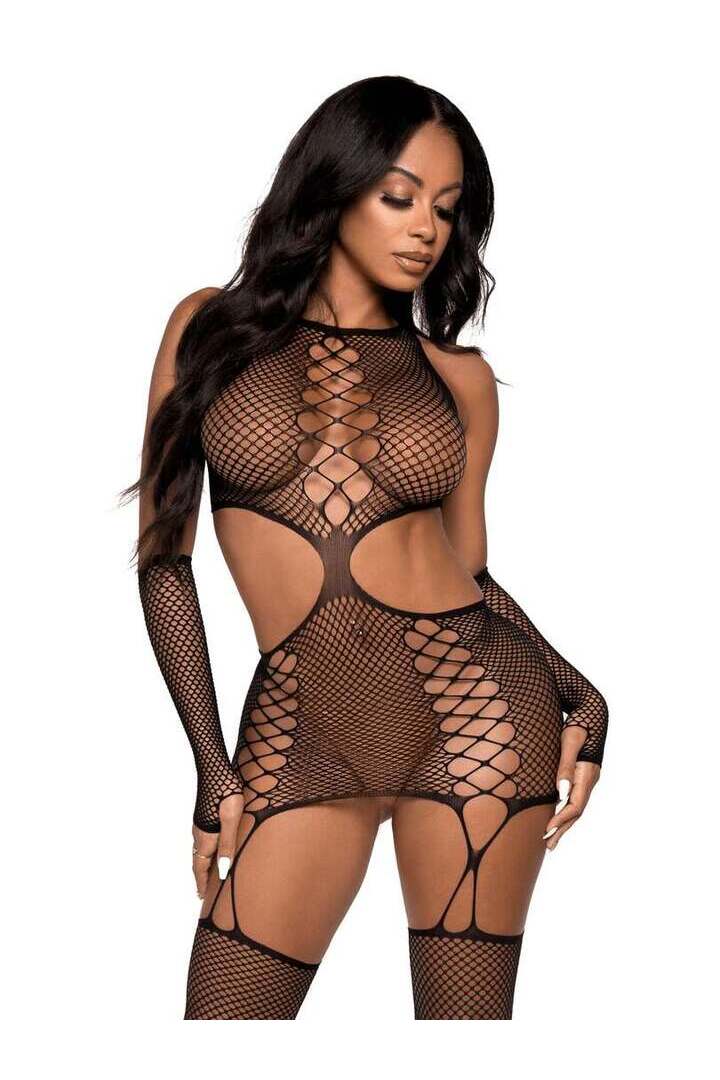 Leg Avenue Do It To It Net Cami Garter Set Black in One Size 3
