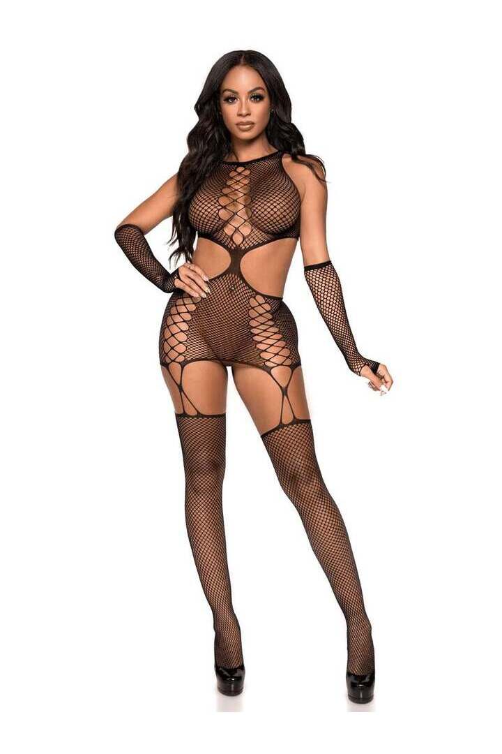 Leg Avenue Do It To It Net Cami Garter Set Black in One Size 4