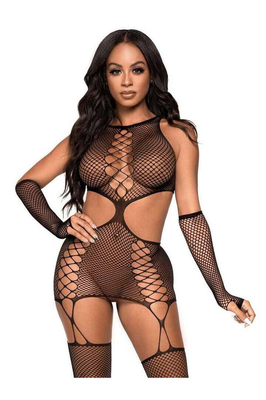 Leg Avenue Do It To It Net Cami Garter Set Black in One Size 