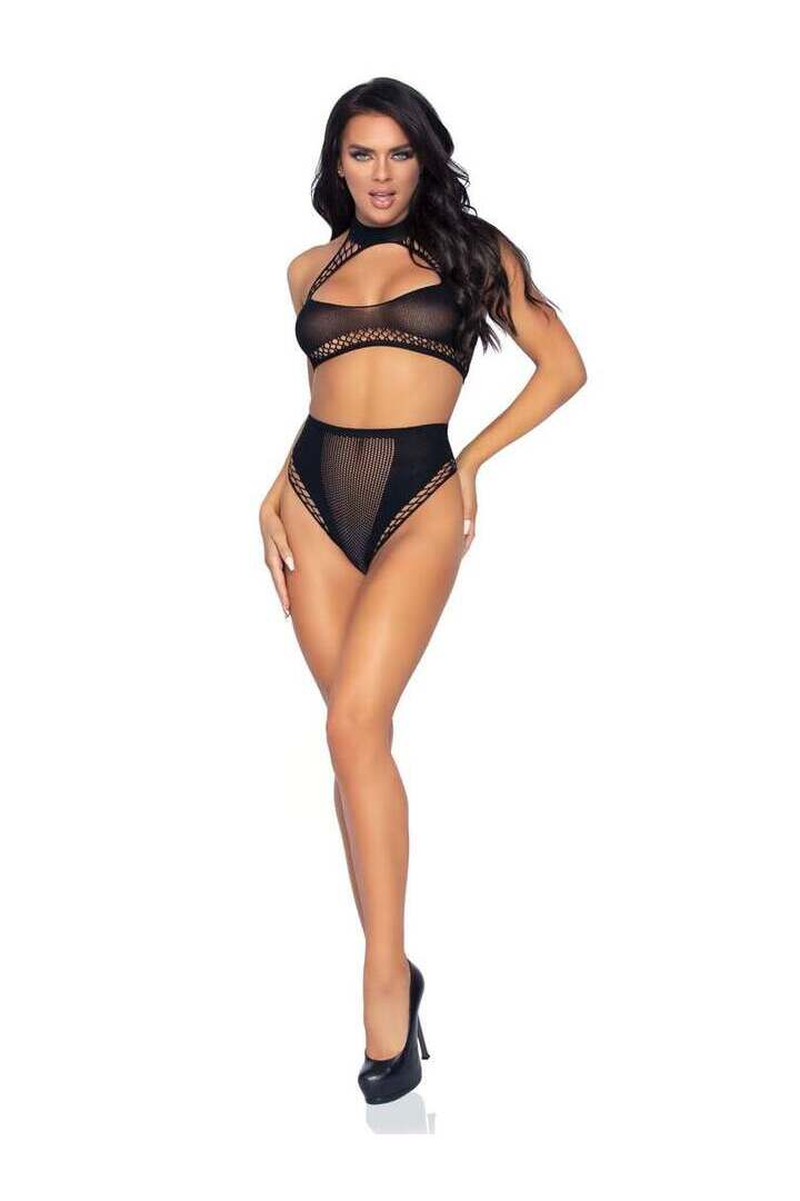 Leg Avenue Don't Stop Net Crop Top Set Black in One Size 7