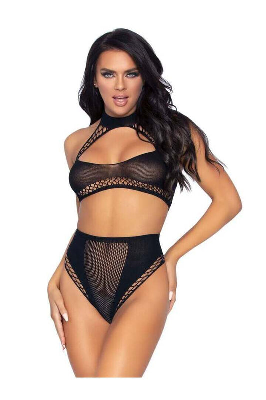 Leg Avenue Don't Stop Net Crop Top Set Black in One Size 