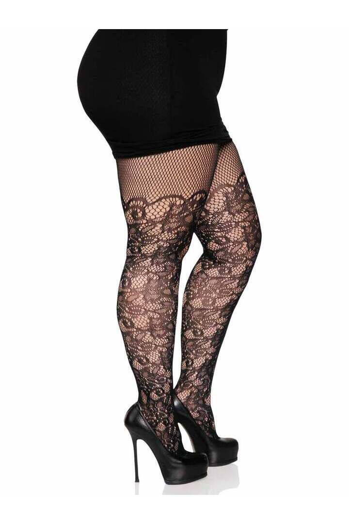 Leg Avenue Drew Plus Floral Vine Fishnet Tights Black in Queen Size 2