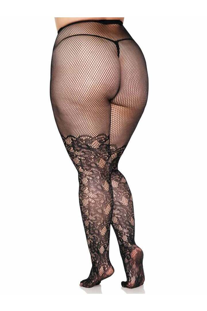 Leg Avenue Drew Plus Floral Vine Fishnet Tights Black in Queen Size 3