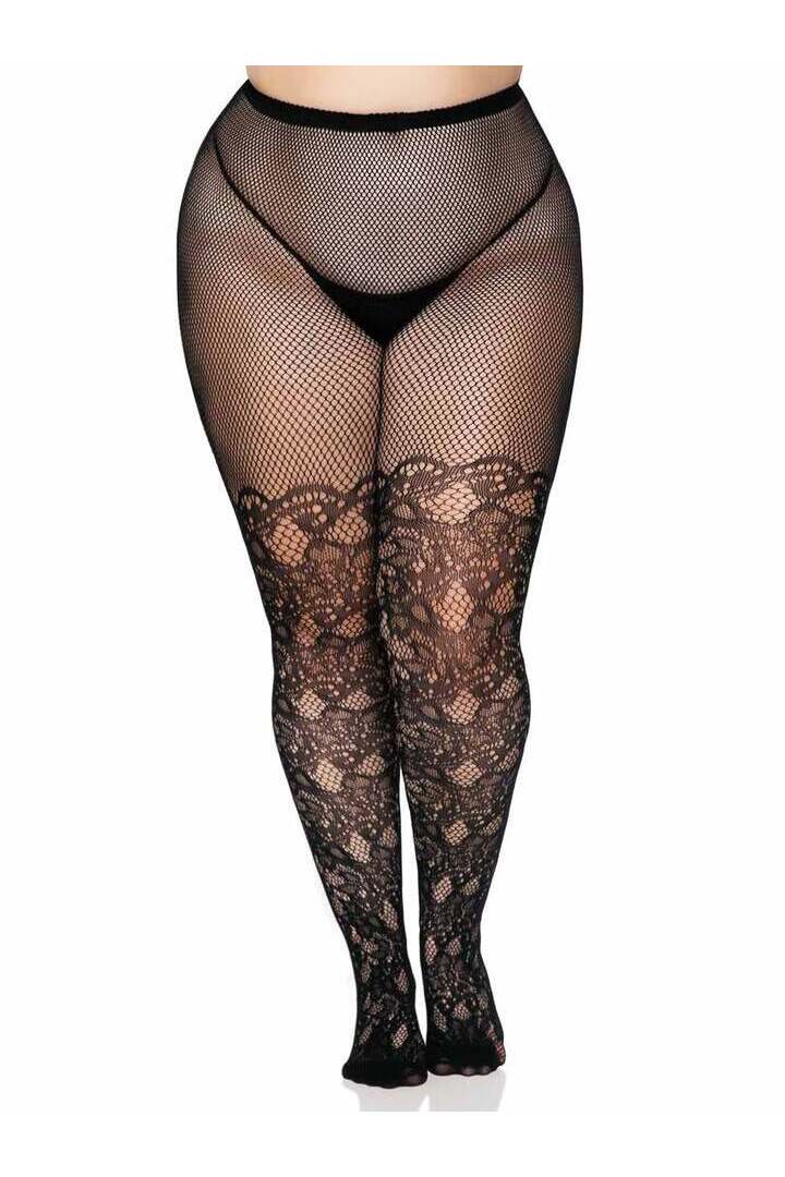 Leg Avenue Drew Plus Floral Vine Fishnet Tights Black in Queen Size 4