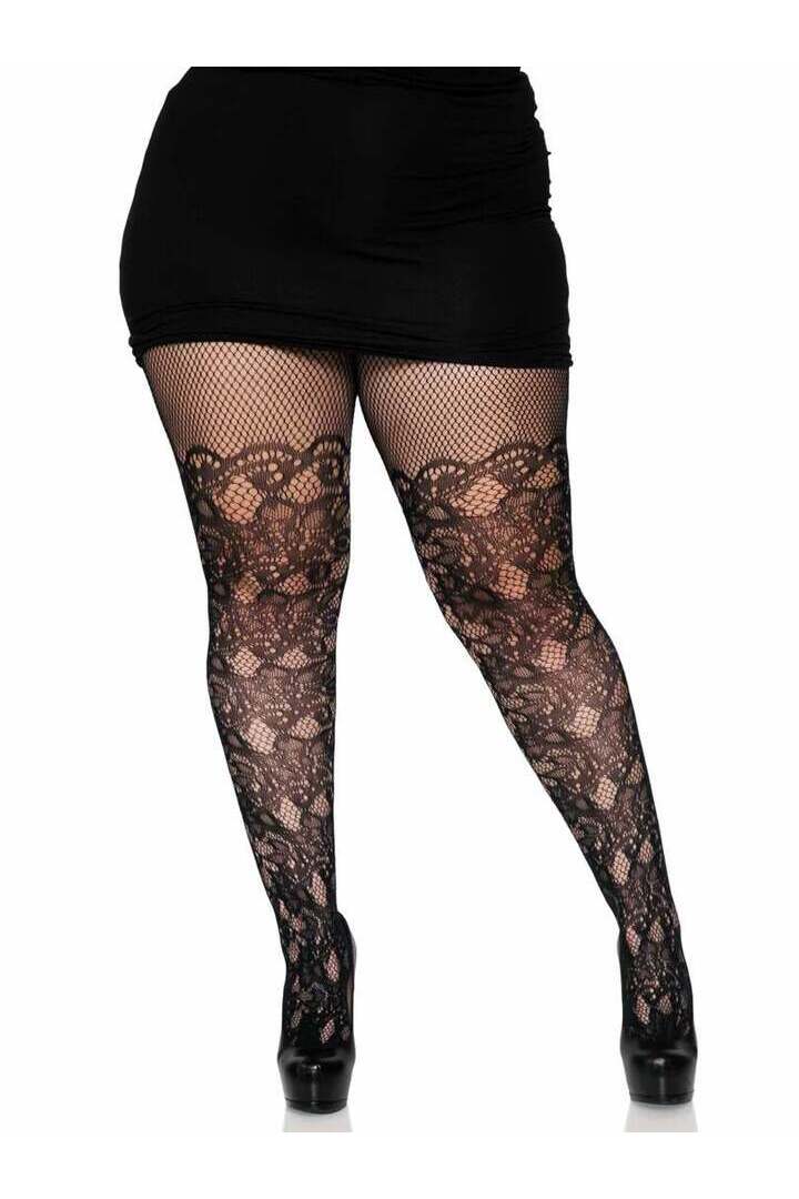 Leg Avenue Drew Plus Floral Vine Fishnet Tights Black in Queen Size 5