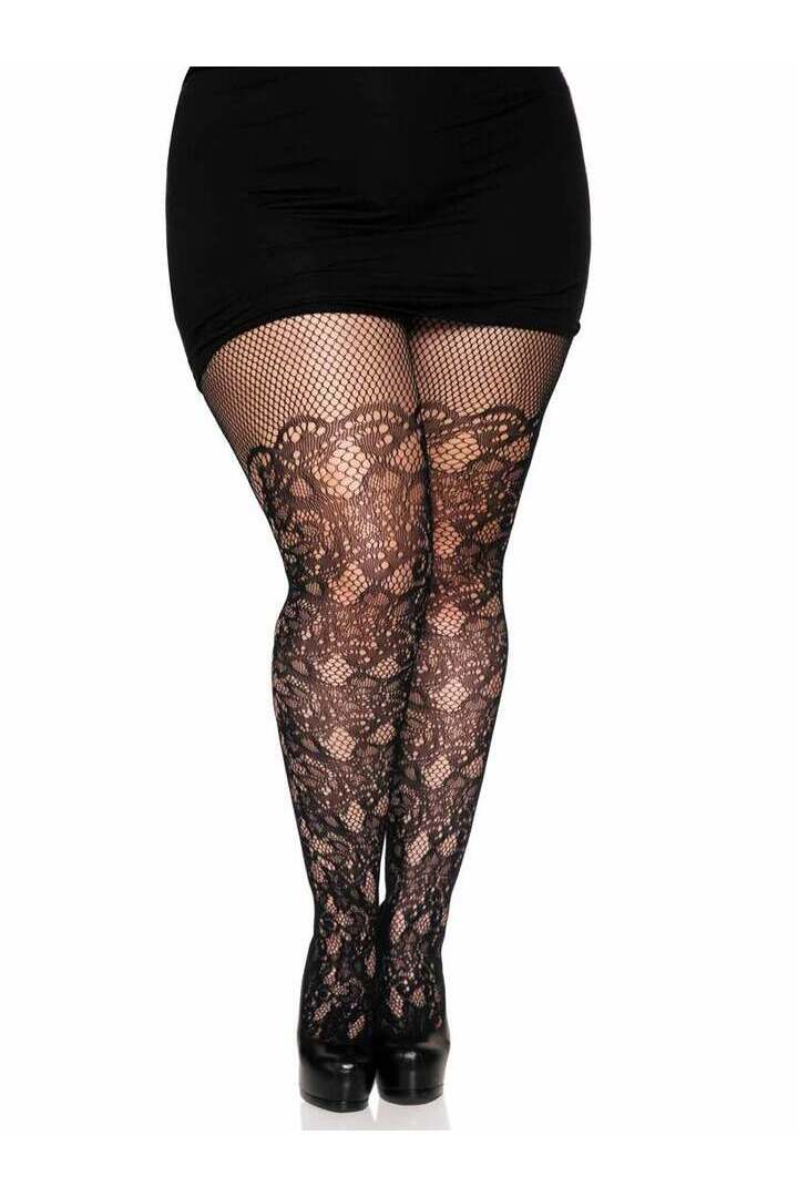 Leg Avenue Drew Plus Floral Vine Fishnet Tights Black in Queen Size 