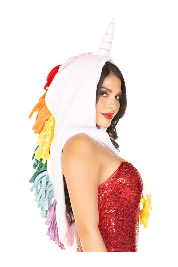Leg Avenue Fleece Rainbow Unicorn Hood with Star Ties White in One Size 3