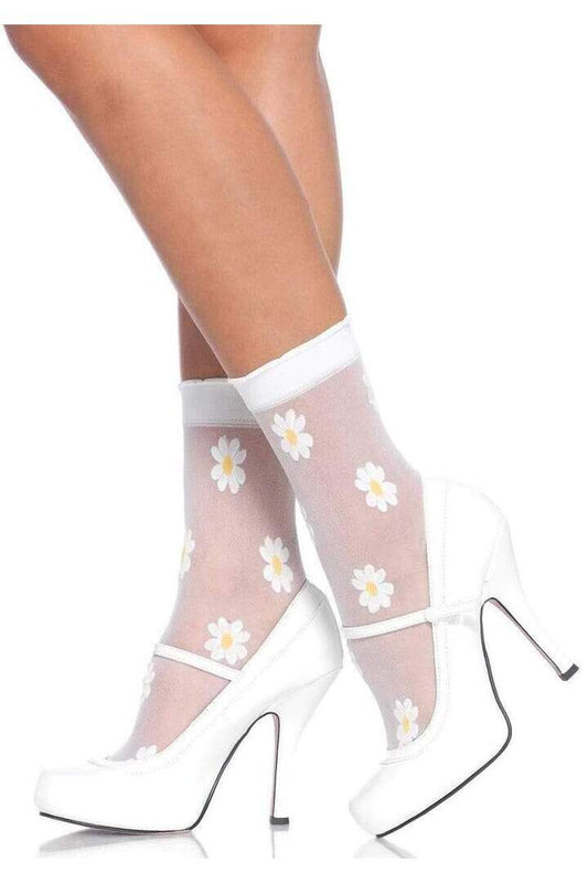 Leg Avenue Flora Sheer Daisy Ankle Socks White/Yellow in One Size 