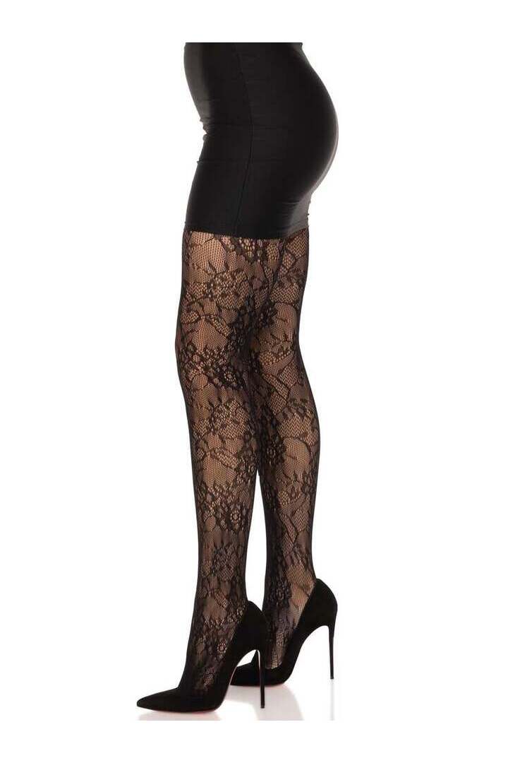 Leg Avenue Garden Rose Lace Tights Black in One Size 2