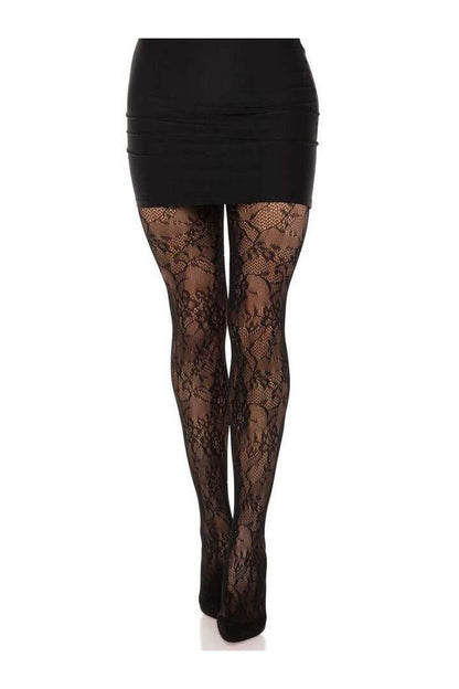 Leg Avenue Garden Rose Lace Tights Black in One Size 3