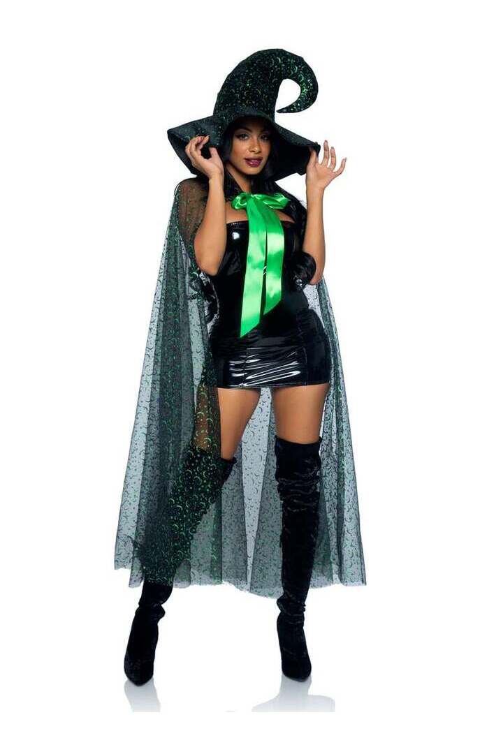 Leg Avenue Glitter Moon Cape and Witch Hat Costume Set Black/Green in One Size 2