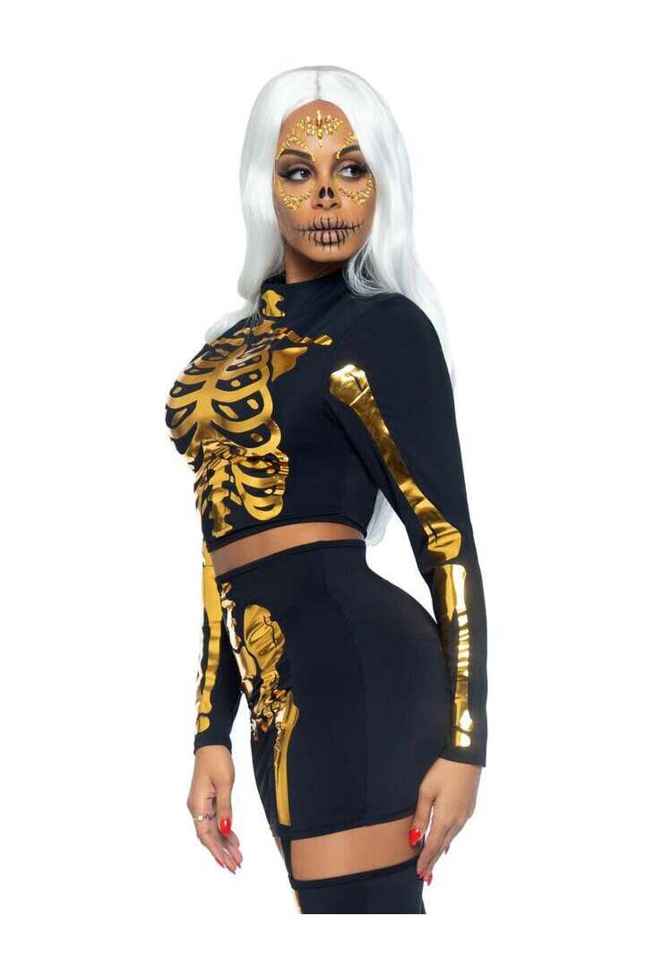 Leg Avenue Golden Skeleton Crop Top and Skirt in Black/Gold 2