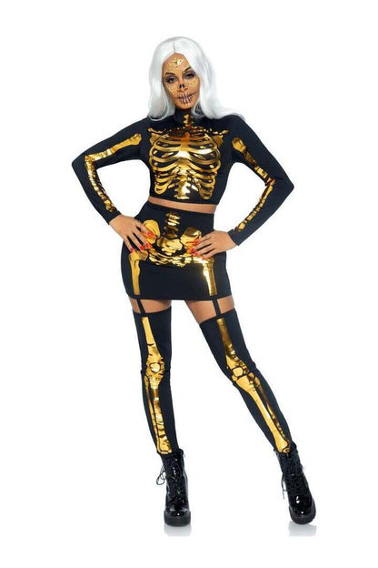 Leg Avenue Golden Skeleton Crop Top and Skirt in Black/Gold 3