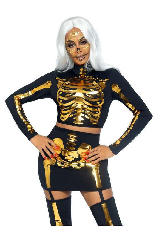 Leg Avenue Golden Skeleton Crop Top and Skirt in Black/Gold 