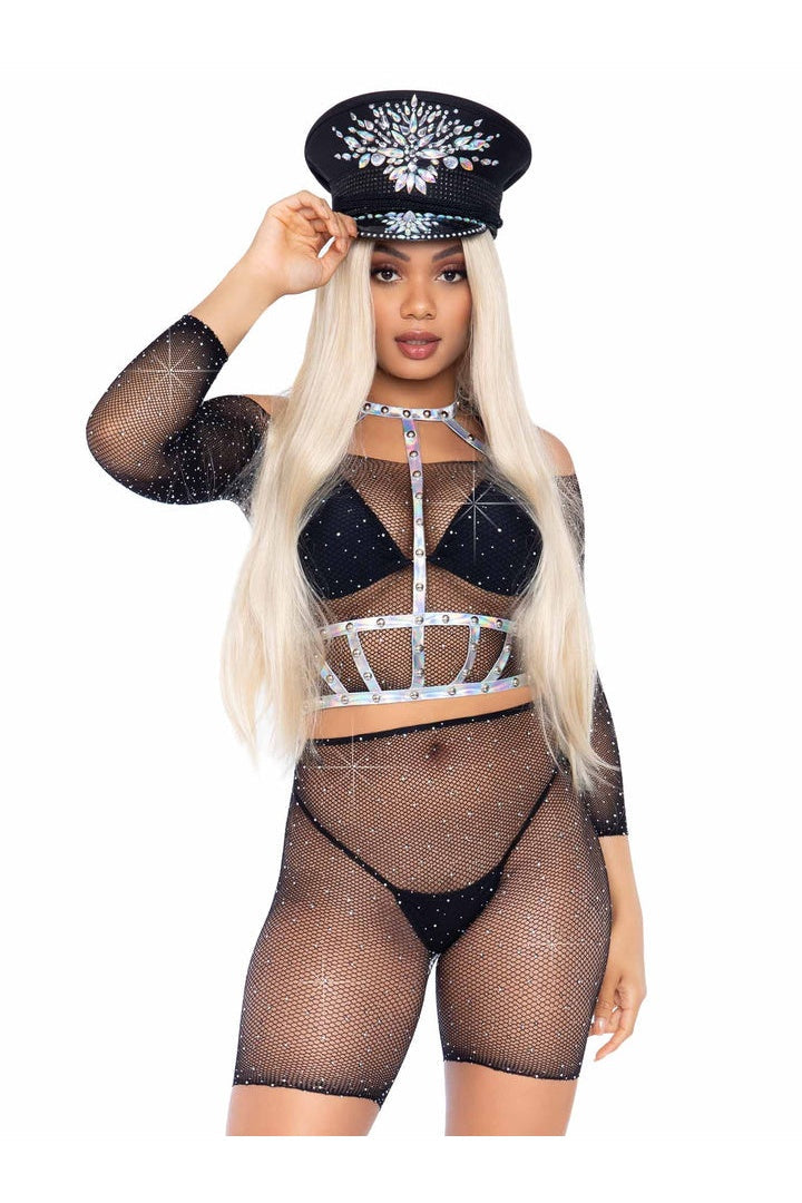 Leg Avenue Good Vibes Fishnet Crop Top & Bike Shorts Black in One Size  1