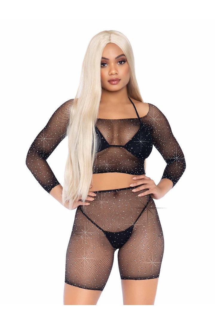 Leg Avenue Good Vibes Fishnet Crop Top & Bike Shorts Black in One Size  6