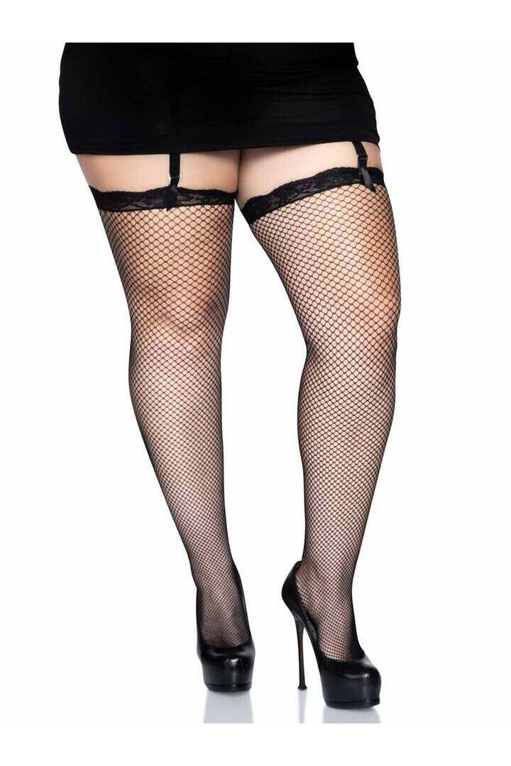 Leg Avenue Gwen Plus Fishnet Thigh High Stockings Black in Queen Size 