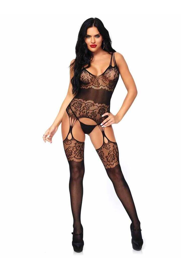 Leg Avenue Hard to Get Lace Bodystocking Black in One Size 2