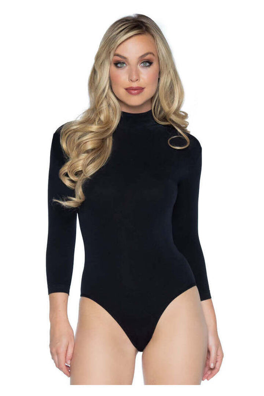 Leg Avenue High Neck 3/4 Sleeve Bodysuit with Snap Crotch Black in One Size 