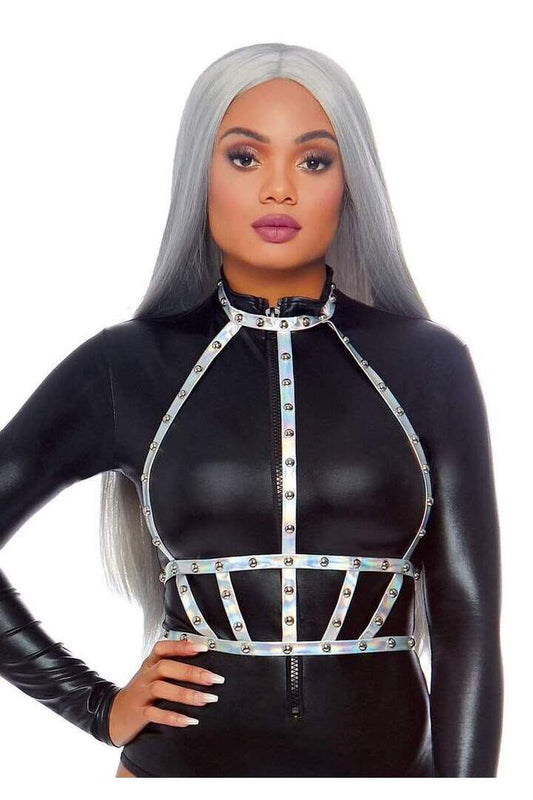 Leg Avenue Iridescent Studded Body Harness Holographic in One Size 