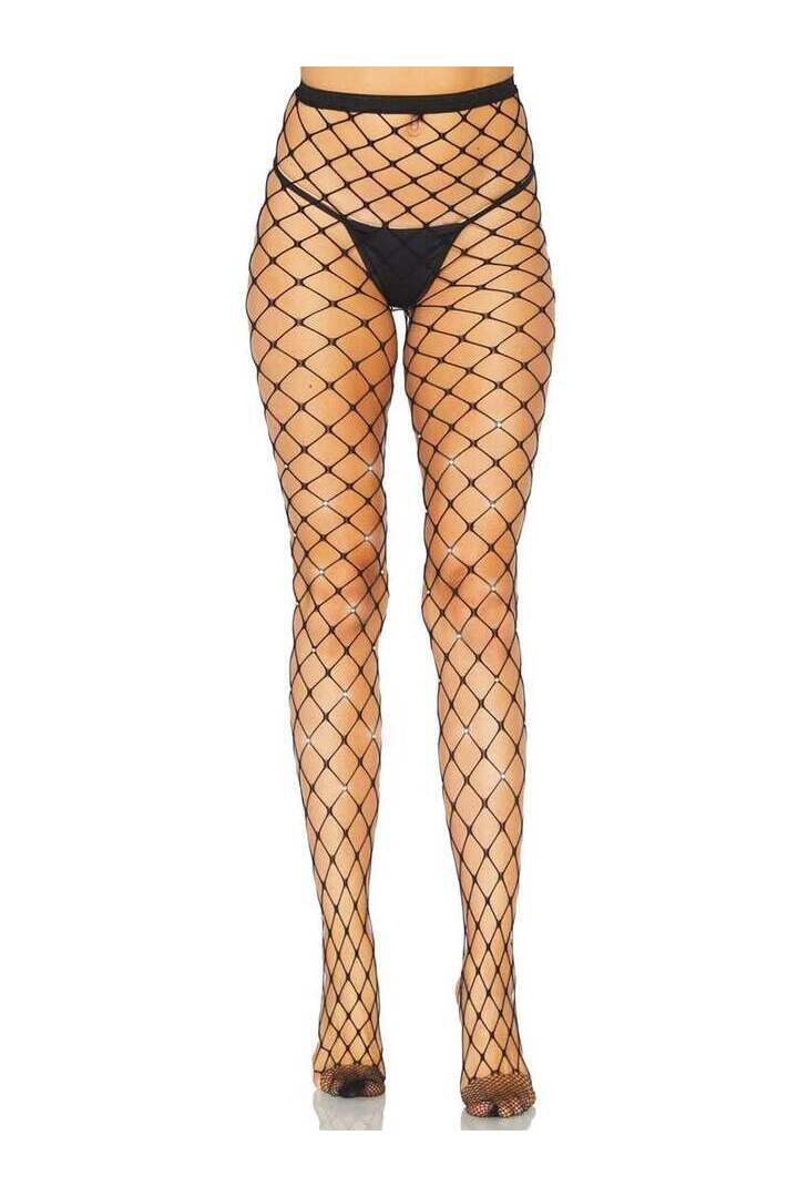 Leg Avenue Jenelle Rhinestone Fence Net Tights Black in One Size 3