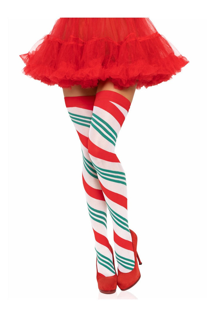 Leg Avenue Jolly Holiday Striped Thigh Highs Green/Red in One Size  1