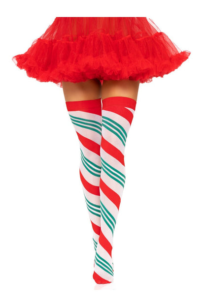 Leg Avenue Jolly Holiday Striped Thigh Highs Green/Red in One Size  3
