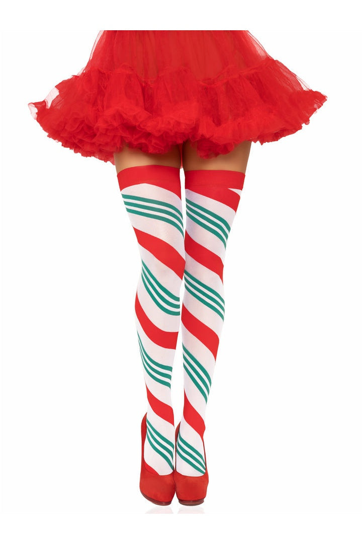 Leg Avenue Jolly Holiday Striped Thigh Highs Green/Red in One Size  4