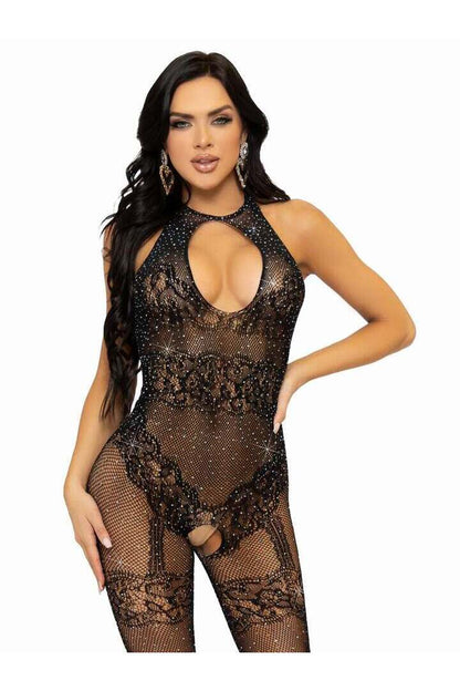 Leg Avenue Just Between Us Rhinestone Lace Bodystocking in One Size 5