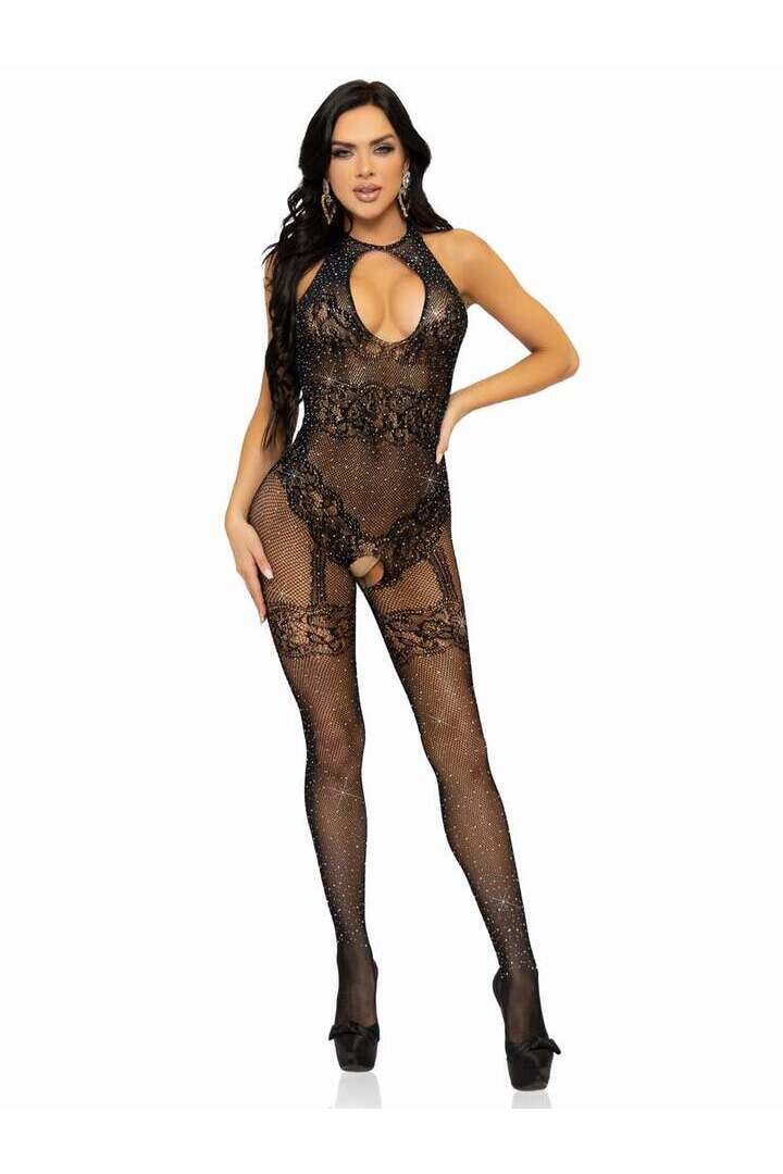 Leg Avenue Just Between Us Rhinestone Lace Bodystocking in One Size 8