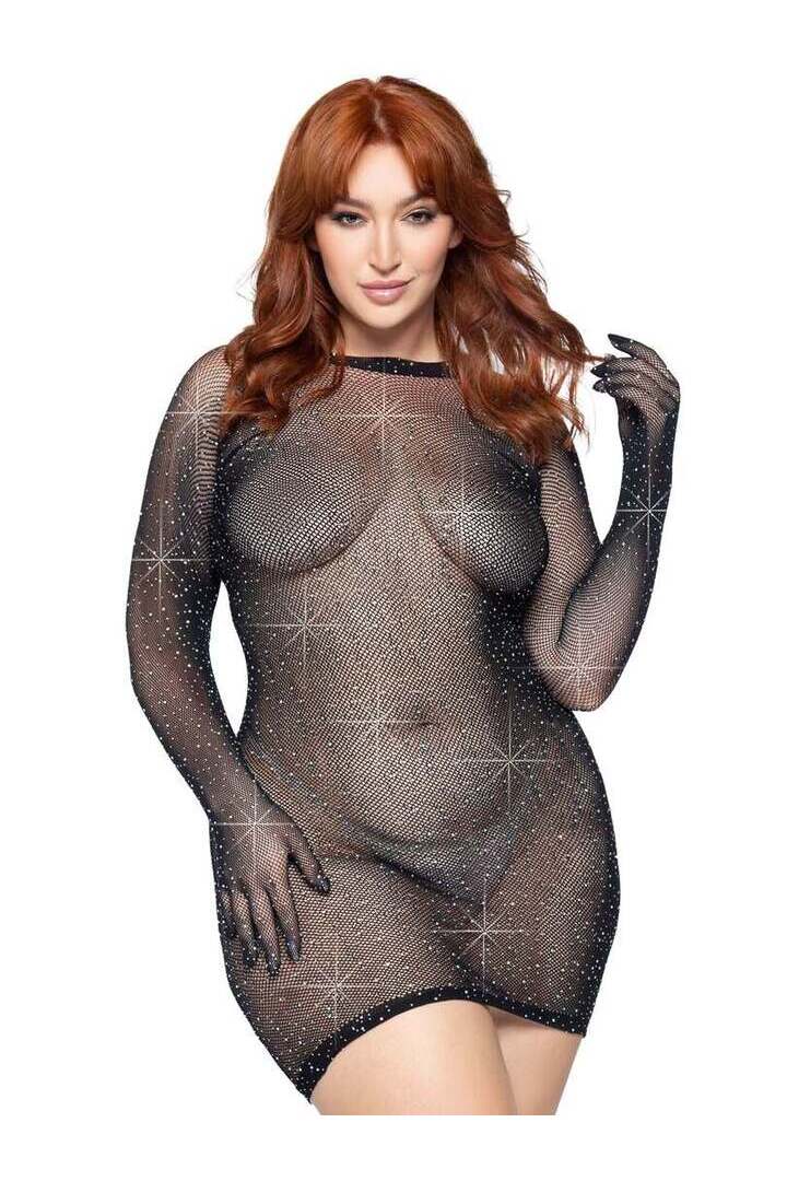 Leg Avenue Late Night Love Plus Gloved Dress Black in 1X/2X 