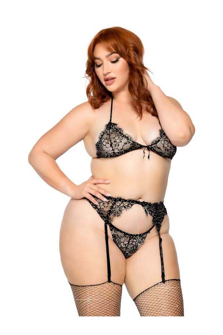 Leg Avenue Love to Love Plus Rhinestone Lace Bra Set Black in 1X/2X 2