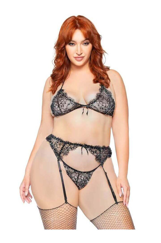 Leg Avenue Love to Love Plus Rhinestone Lace Bra Set Black in 1X/2X 