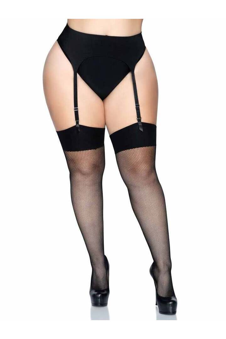 Leg Avenue Lucy Plus Fishnet Thigh High Stockings Black in 1X/2X 3