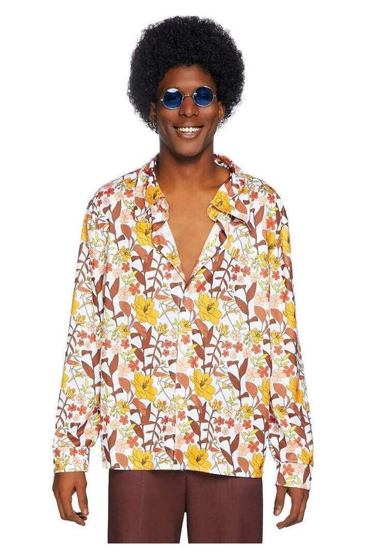 Leg Avenue Men's 1970s Floral Disco Costume Shirt in Yellow 