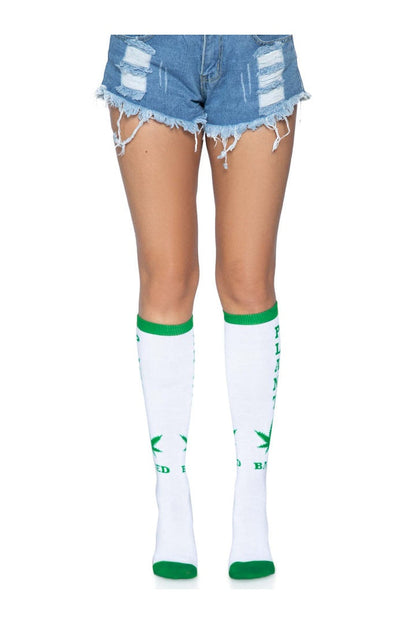 Leg Avenue Plant Based Knee High Socks White/Green in One Size  2