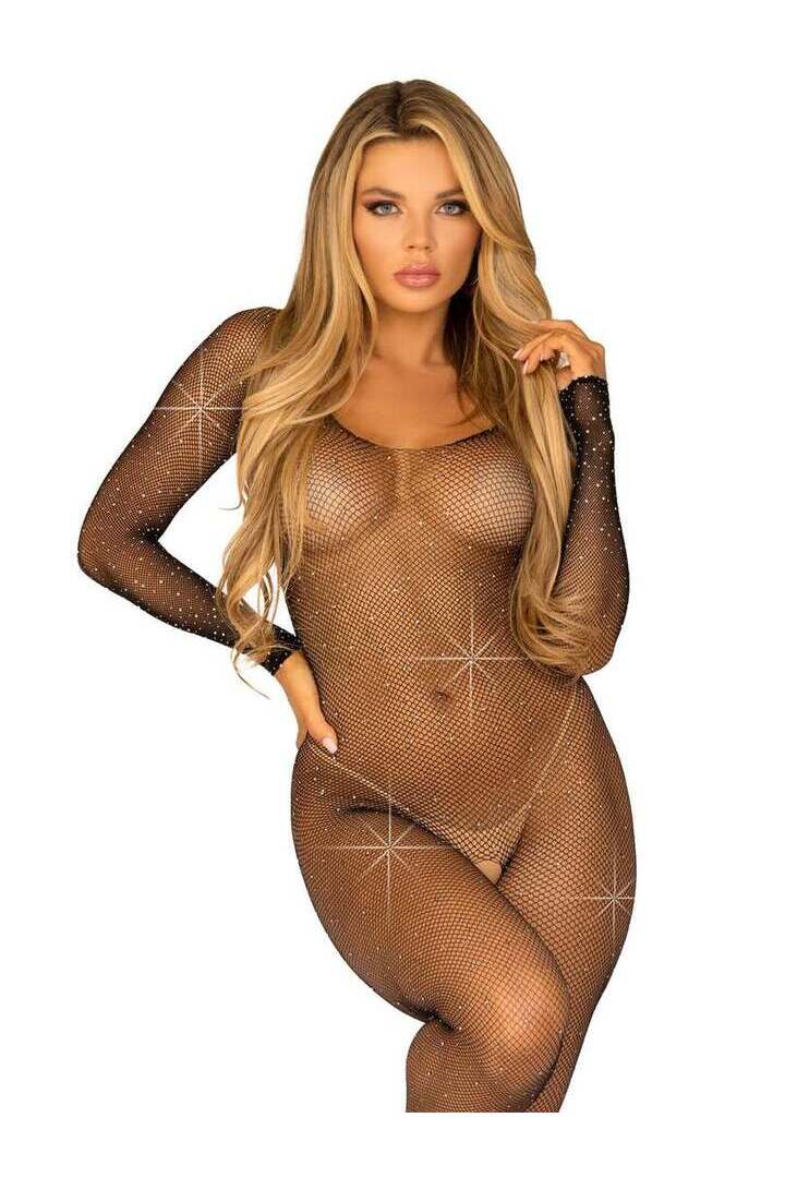 Leg Avenue Please Me Rhinestone Bodystocking Black in One Size 4