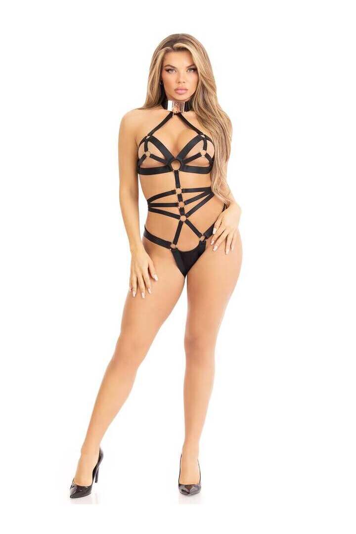 Leg Avenue Pleasure Bound Crotchless Teddy Black in One Size 4