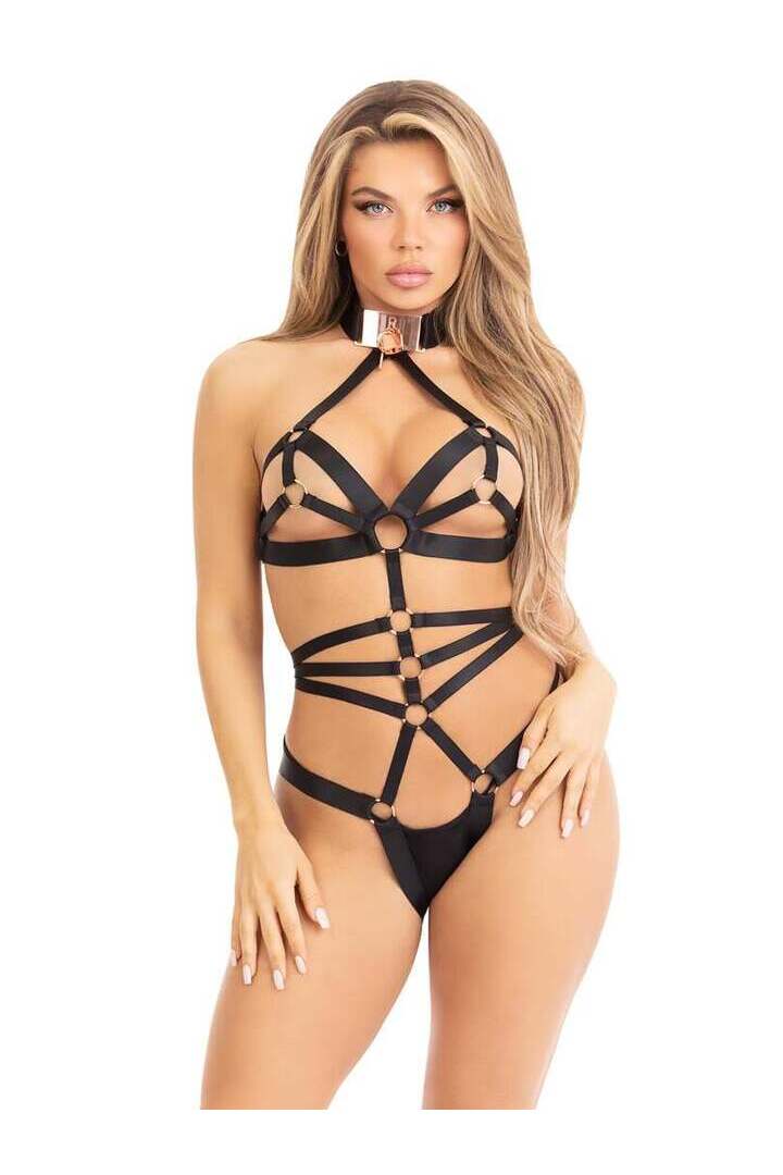Leg Avenue Pleasure Bound Crotchless Teddy Black in One Size 