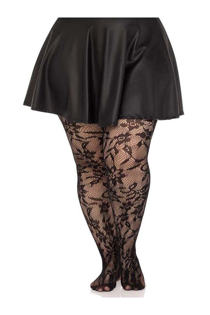 Leg Avenue Plus Chantilly Floral Lace Tights Black in 1X/2X 3