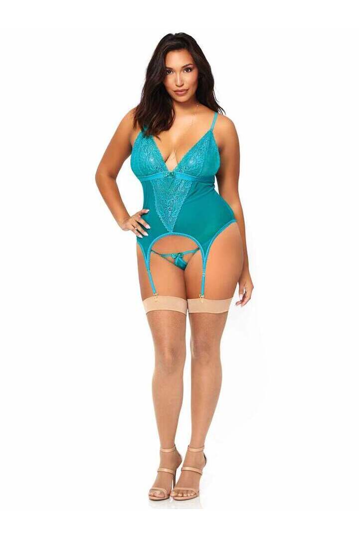 Leg Avenue Plus Come Play Cami Garter Set Turquoise in 3X/4X 3