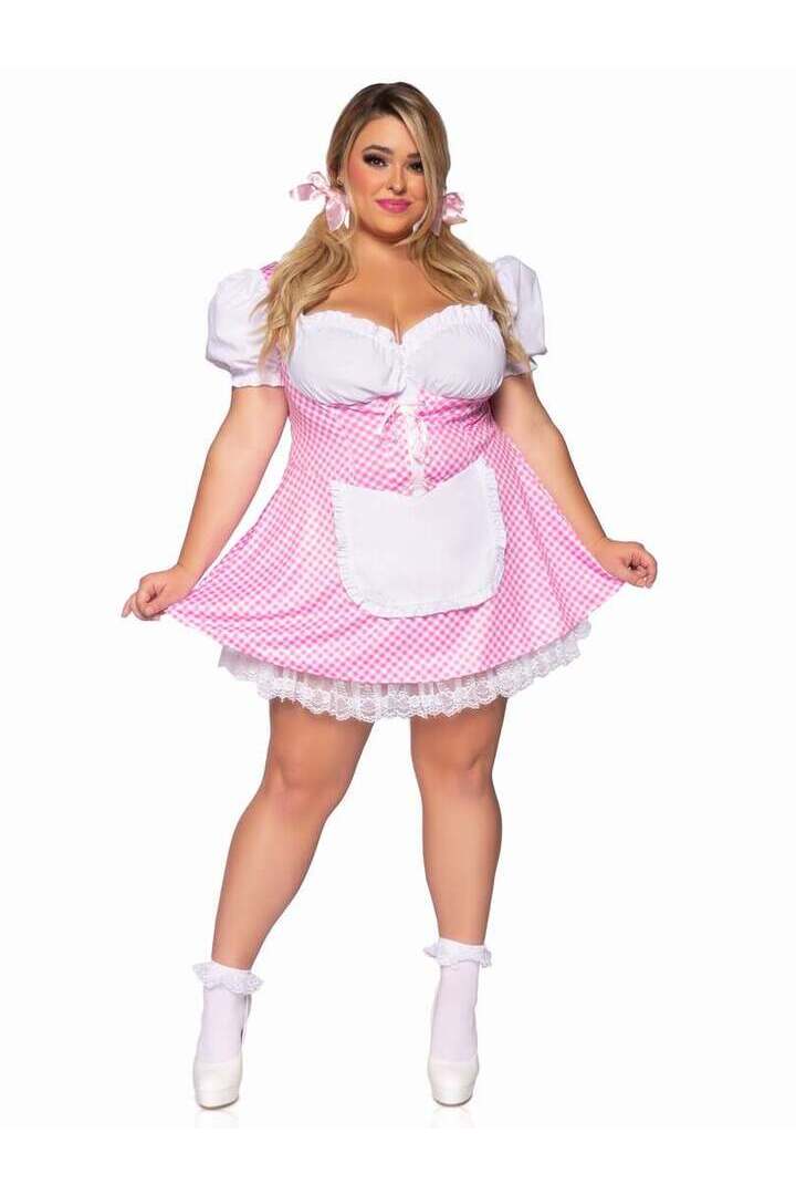 Leg Avenue Plus Gingham Dress With Apron in Pink/White 2