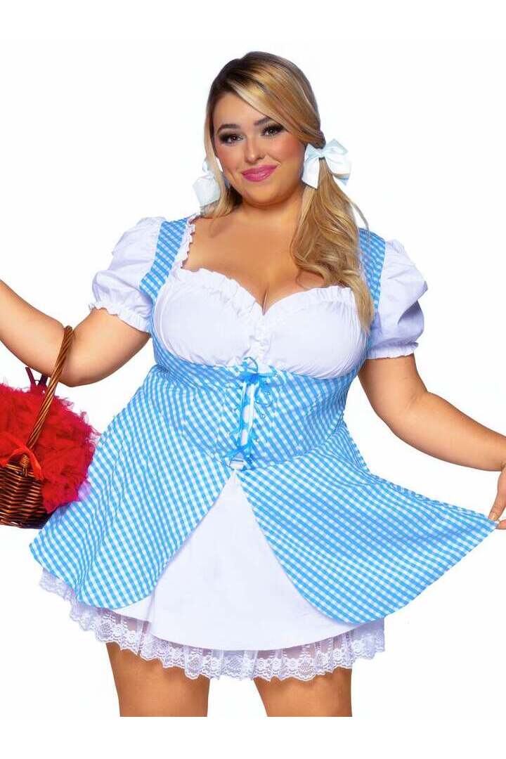 Leg Avenue Plus Gingham Dress With Split Skirt in Blue/White 3