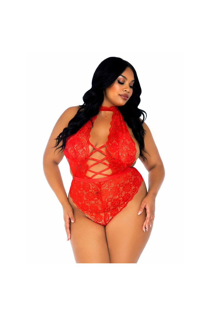 Leg Avenue Plus Insatiable Crotchless Lace Teddy Red in 1X/2X 2