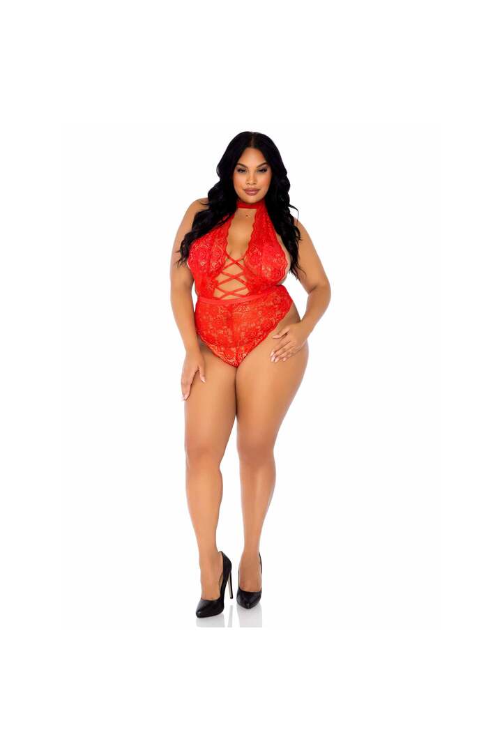Leg Avenue Plus Insatiable Crotchless Lace Teddy Red in 1X/2X 3