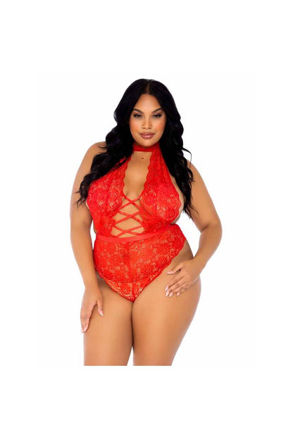 Leg Avenue Plus Insatiable Crotchless Lace Teddy Red in 1X/2X 