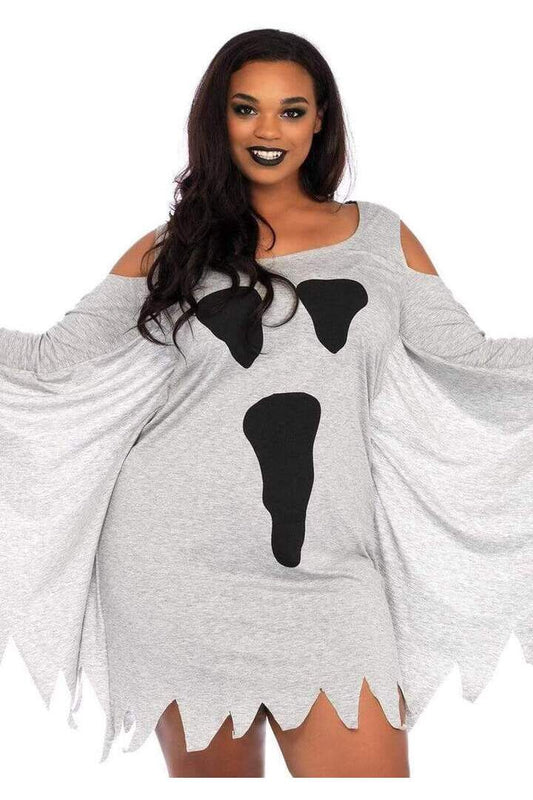 Leg Avenue Plus Jersey Ghost Long Sleeve Halloween Dress in Grey 
