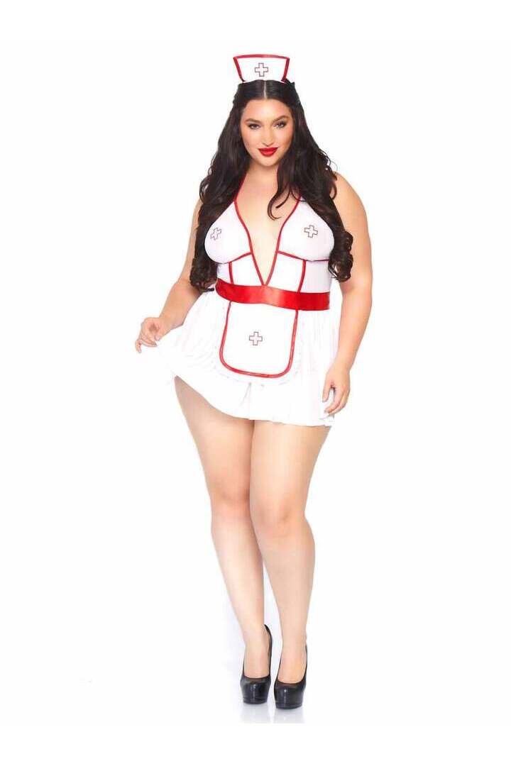 Leg Avenue Plus Nightshift Nurse Lingerie Set White/Red in 1X/2X 2
